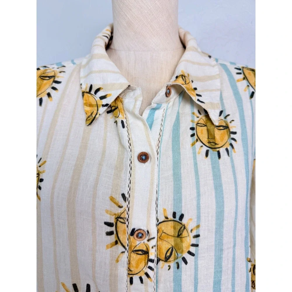 Anthropologie Sun Face Striped Linen Blend Button Down Shirt Blue‎ Yellow Small